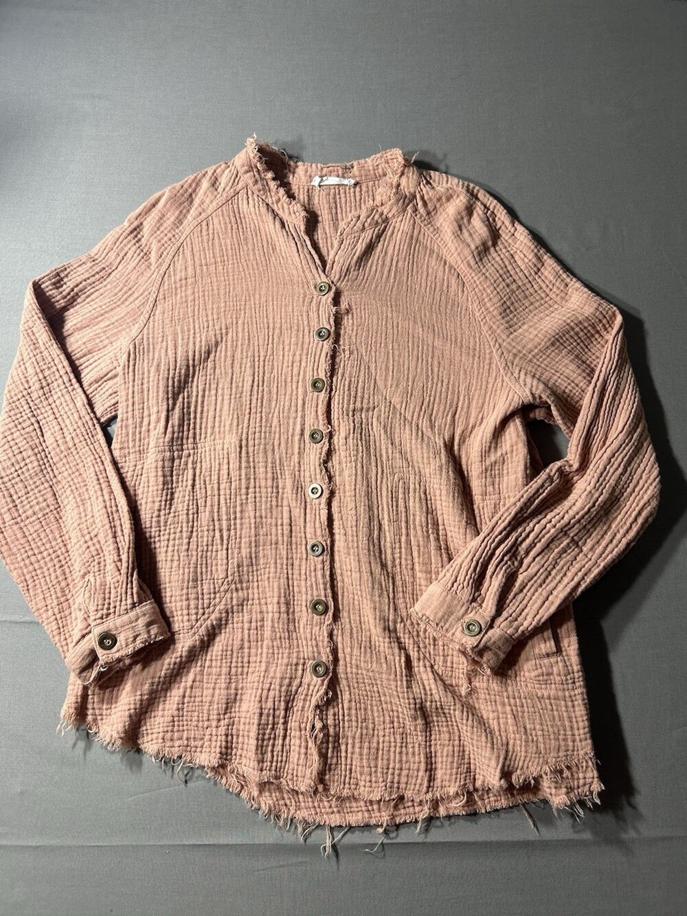 Morgan Claire Gauze Button Down Shirt Pink, Medium